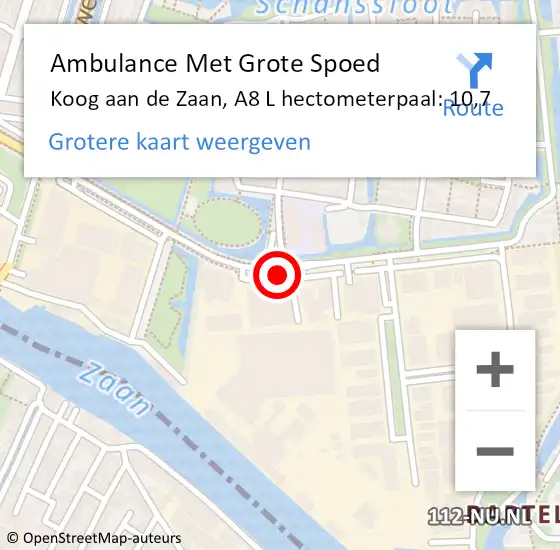 Locatie op kaart van de 112 melding: Ambulance Met Grote Spoed Naar Koog aan de Zaan, A8 L hectometerpaal: 10,7 op 10 maart 2018 21:33