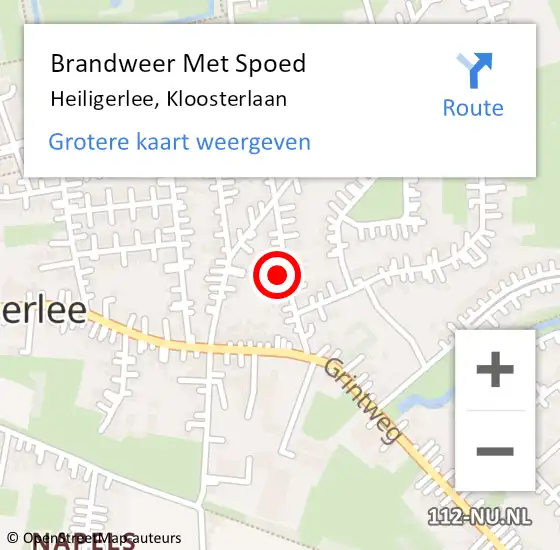 Locatie op kaart van de 112 melding: Brandweer Met Spoed Naar Heiligerlee, Kloosterlaan op 11 maart 2018 12:30