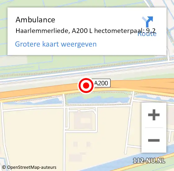 Locatie op kaart van de 112 melding: Ambulance Haarlemmerliede, A200 L hectometerpaal: 9,2 op 11 maart 2018 16:42
