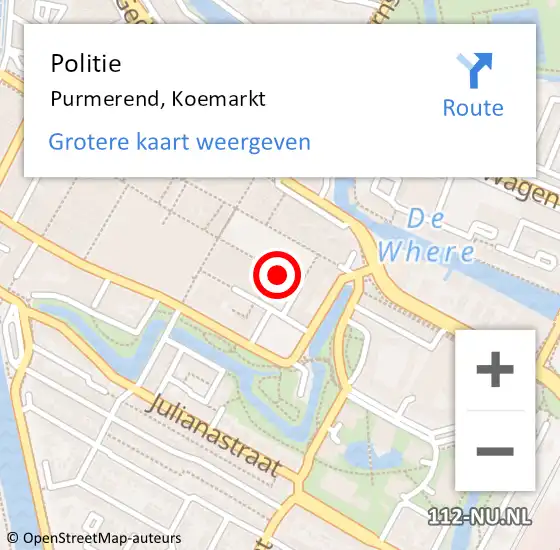 Locatie op kaart van de 112 melding: Politie Purmerend, Koemarkt op 11 maart 2018 16:50