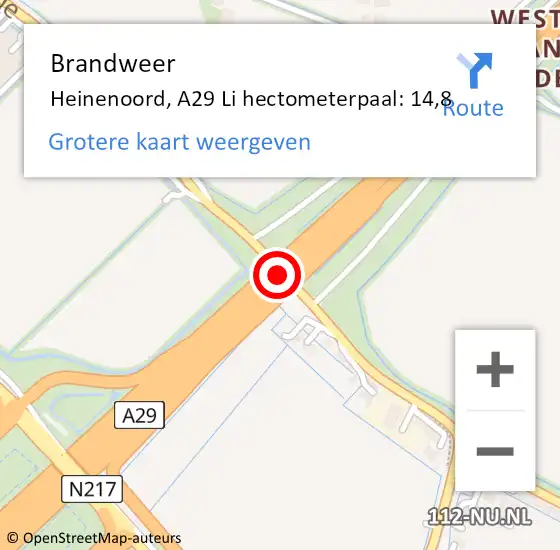 Locatie op kaart van de 112 melding: Brandweer Heinenoord, A29 R hectometerpaal: 21,4 op 11 maart 2018 18:03