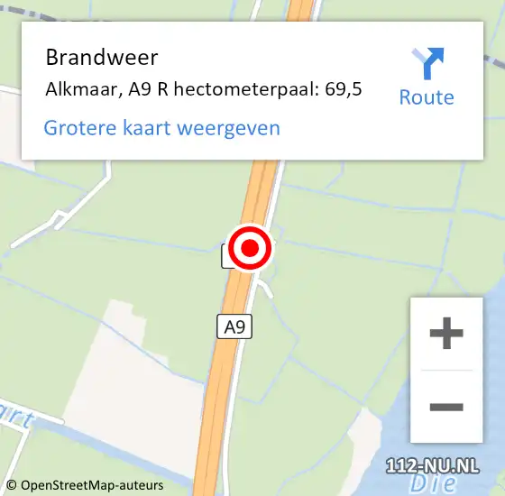 Locatie op kaart van de 112 melding: Brandweer Alkmaar, A9 R hectometerpaal: 69,5 op 11 maart 2018 23:40