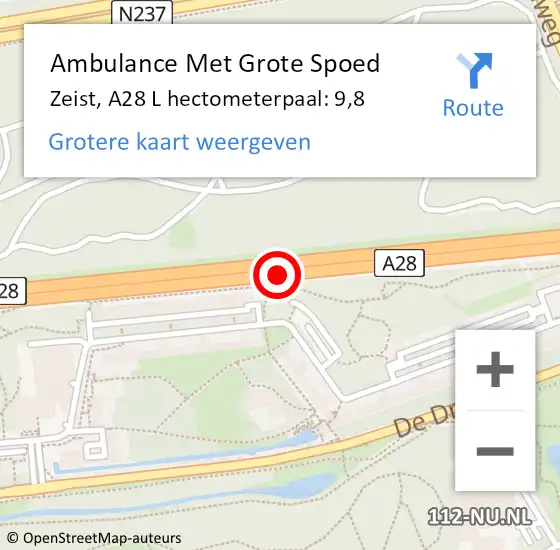 Locatie op kaart van de 112 melding: Ambulance Met Grote Spoed Naar Zeist, A28 L hectometerpaal: 9,8 op 12 maart 2018 08:35