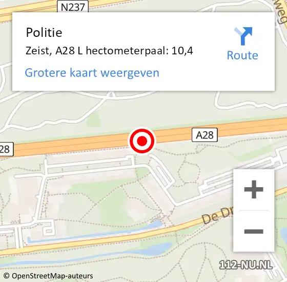 Locatie op kaart van de 112 melding: Politie Zeist, A28 L hectometerpaal: 9,8 op 12 maart 2018 08:36