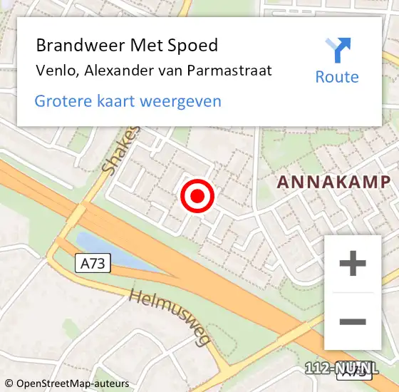 Locatie op kaart van de 112 melding: Brandweer Met Spoed Naar Venlo, Alexander van Parmastraat op 12 maart 2018 09:18