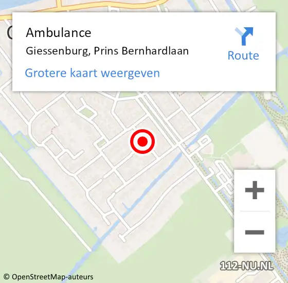 Locatie op kaart van de 112 melding: Ambulance Giessenburg, Prins Bernhardlaan op 12 maart 2018 14:44