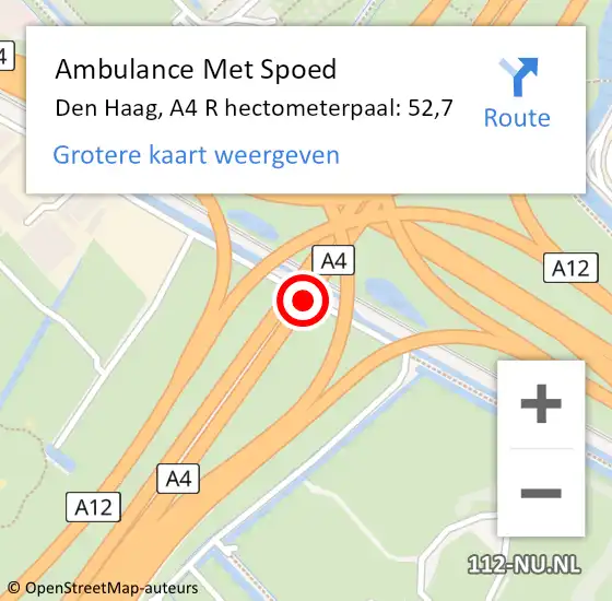 Locatie op kaart van de 112 melding: Ambulance Met Spoed Naar Den Haag, A4 R hectometerpaal: 52,7 op 12 maart 2018 15:56