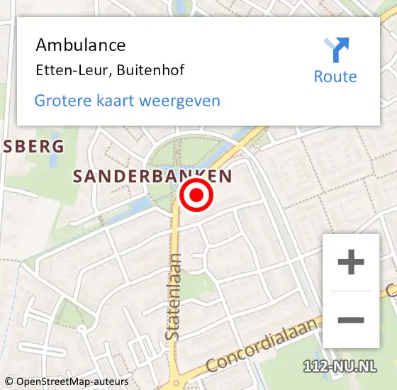 Locatie op kaart van de 112 melding: Ambulance Etten-Leur, Buitenhof op 13 maart 2018 10:29