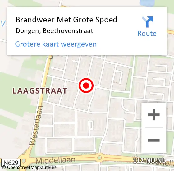 Locatie op kaart van de 112 melding: Brandweer Met Grote Spoed Naar Dongen, Beethovenstraat op 13 maart 2018 15:33