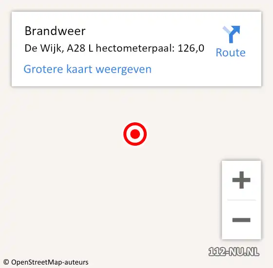 Locatie op kaart van de 112 melding: Brandweer De Wijk, A28 L hectometerpaal: 126,0 op 19 februari 2014 07:42