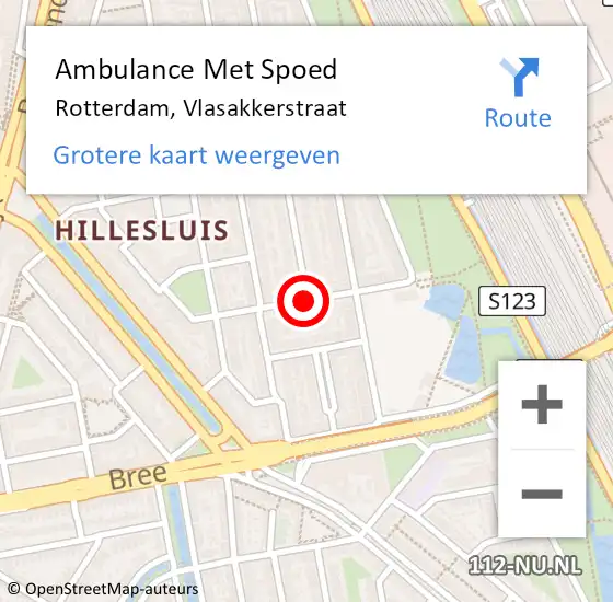 Locatie op kaart van de 112 melding: Ambulance Met Spoed Naar Rotterdam, Vlasakkerstraat op 14 maart 2018 09:03