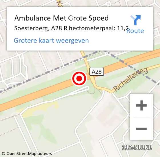 Locatie op kaart van de 112 melding: Ambulance Met Grote Spoed Naar Soesterberg, A28 R hectometerpaal: 11,2 op 14 maart 2018 16:43