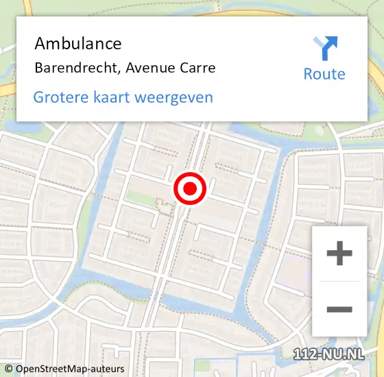 Locatie op kaart van de 112 melding: Ambulance Barendrecht, Avenue Carre op 15 maart 2018 12:20