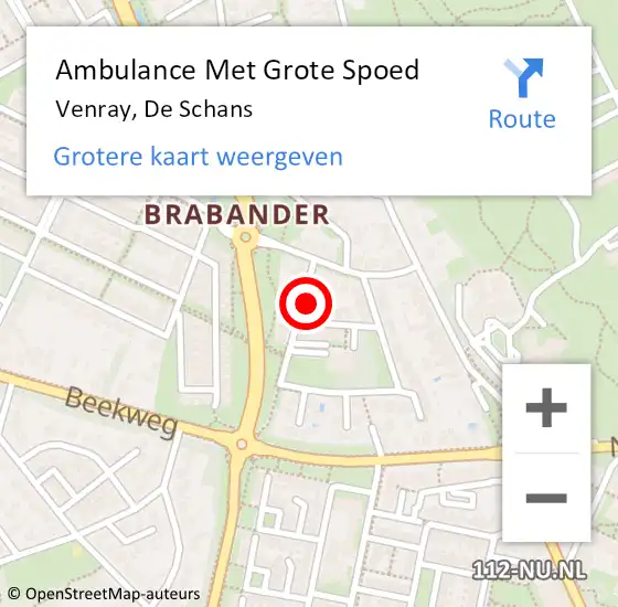 Locatie op kaart van de 112 melding: Ambulance Met Grote Spoed Naar Venray, De Schans op 16 maart 2018 08:56