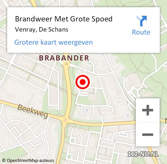 Locatie op kaart van de 112 melding: Brandweer Met Grote Spoed Naar Venray, De Schans op 16 maart 2018 08:59