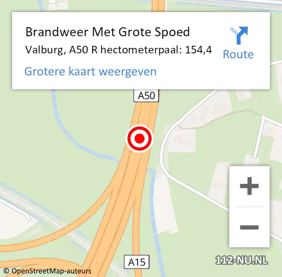 Locatie op kaart van de 112 melding: Brandweer Met Grote Spoed Naar Valburg, A50 R hectometerpaal: 156,4 op 16 maart 2018 12:03