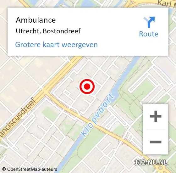 Locatie op kaart van de 112 melding: Ambulance Utrecht, Bostondreef op 17 maart 2018 07:14