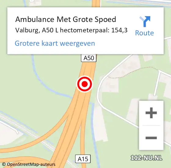 Locatie op kaart van de 112 melding: Ambulance Met Grote Spoed Naar Valburg, A50 L hectometerpaal: 157,0 op 17 maart 2018 14:20