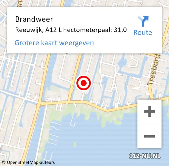 Locatie op kaart van de 112 melding: Brandweer Reeuwijk, A12 R hectometerpaal: 33,1 op 18 maart 2018 08:46