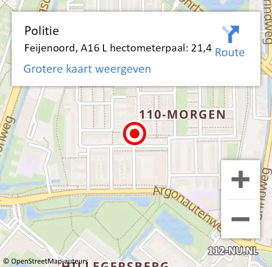 Locatie op kaart van de 112 melding: Politie Feijenoord, A16 L hectometerpaal: 21,4 op 18 maart 2018 18:35