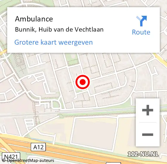 Locatie op kaart van de 112 melding: Ambulance Bunnik, Huib van de Vechtlaan op 20 maart 2018 13:31