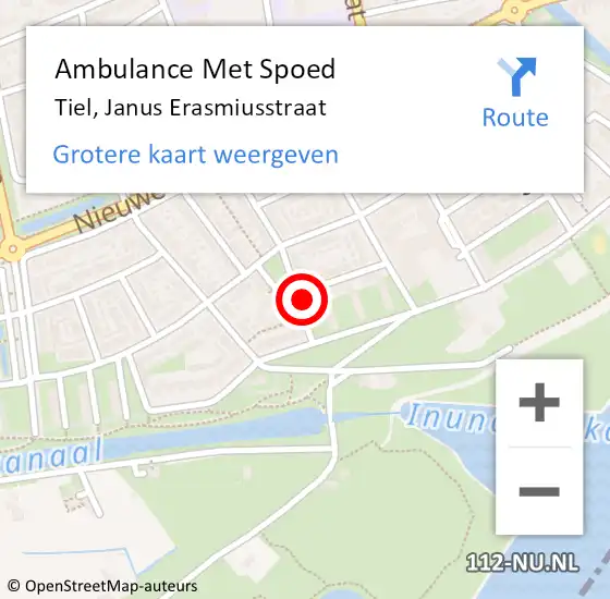 Locatie op kaart van de 112 melding: Ambulance Met Spoed Naar Tiel, Janus Erasmiusstraat op 20 maart 2018 14:56