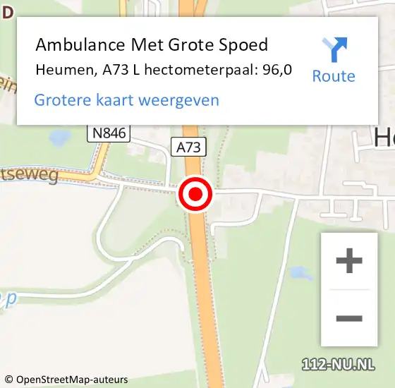 Locatie op kaart van de 112 melding: Ambulance Met Grote Spoed Naar Heumen, A73 L hectometerpaal: 95,6 op 20 maart 2018 21:04
