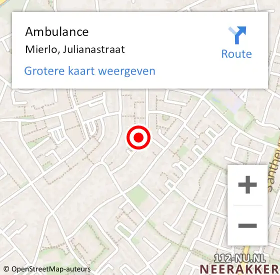 Locatie op kaart van de 112 melding: Ambulance Mierlo, Julianastraat op 21 maart 2018 08:07