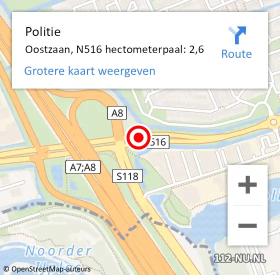 Locatie op kaart van de 112 melding: Politie Oostzaan, N516 hectometerpaal: 2,6 op 21 maart 2018 15:51