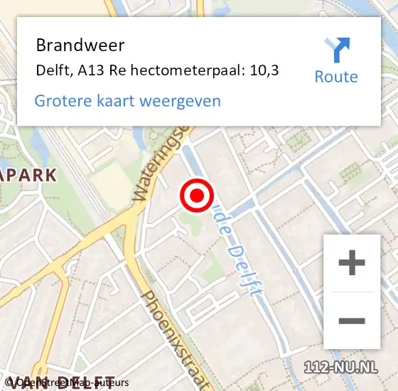 Locatie op kaart van de 112 melding: Brandweer Delft, A13 Re hectometerpaal: 10,1 op 22 maart 2018 08:35