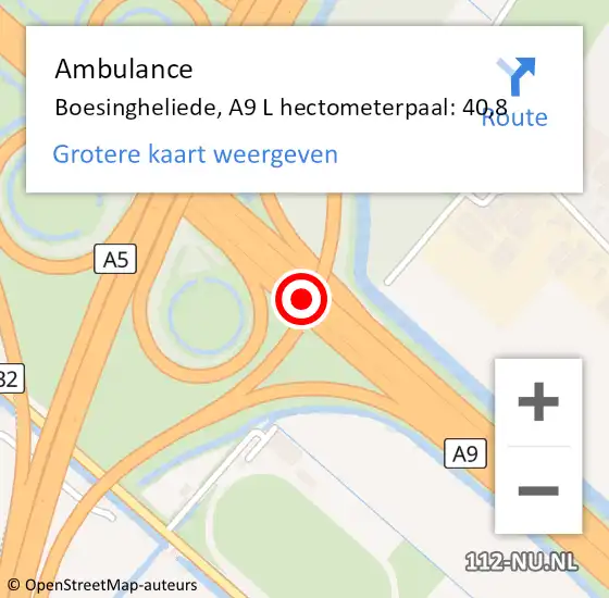 Locatie op kaart van de 112 melding: Ambulance Boesingheliede, A9 L hectometerpaal: 40,8 op 22 maart 2018 09:00