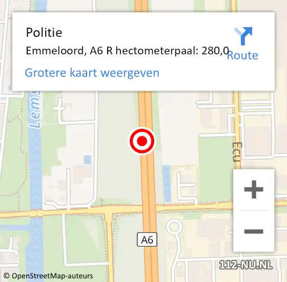 Locatie op kaart van de 112 melding: Politie Emmeloord, A6 L hectometerpaal: 281,9 op 22 maart 2018 10:59