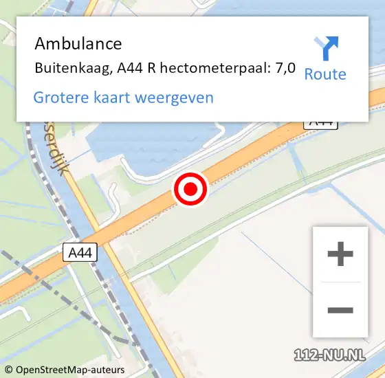 Locatie op kaart van de 112 melding: Ambulance Buitenkaag, A44 R hectometerpaal: 7,0 op 22 maart 2018 23:33