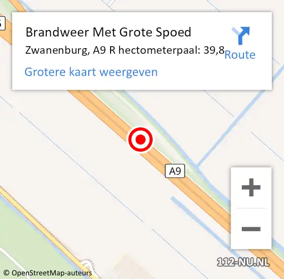 Locatie op kaart van de 112 melding: Brandweer Met Grote Spoed Naar Zwanenburg, A9 R hectometerpaal: 39,5 op 23 maart 2018 09:22