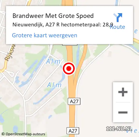 Locatie op kaart van de 112 melding: Brandweer Met Grote Spoed Naar Nieuwendijk, A27 R hectometerpaal: 28,9 op 23 maart 2018 17:37