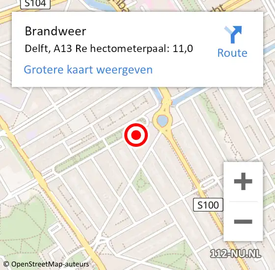 Locatie op kaart van de 112 melding: Brandweer Delft, A13 Re hectometerpaal: 8,6 op 25 maart 2018 00:40