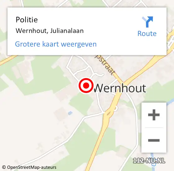 Locatie op kaart van de 112 melding: Politie Wernhout, Julianalaan op 25 maart 2018 04:40