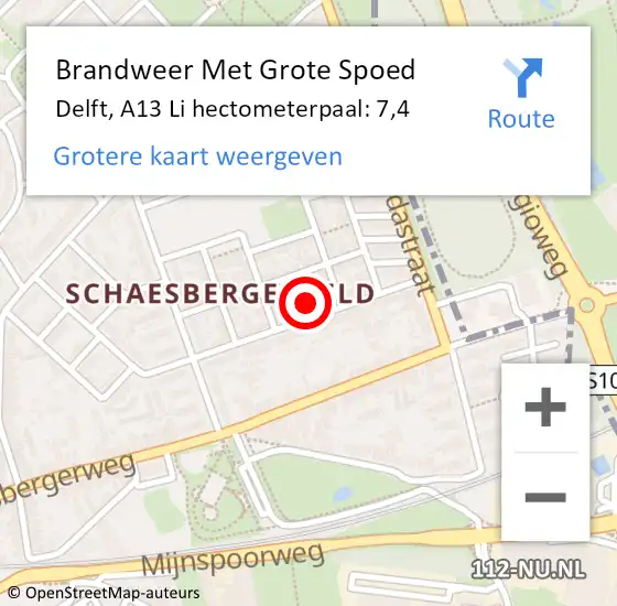 Locatie op kaart van de 112 melding: Brandweer Met Grote Spoed Naar Delft, A13 Li hectometerpaal: 7,4 op 25 maart 2018 14:50