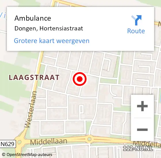 Locatie op kaart van de 112 melding: Ambulance Dongen, Hortensiastraat op 25 maart 2018 17:01