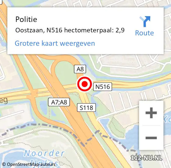 Locatie op kaart van de 112 melding: Politie Oostzaan, N516 hectometerpaal: 2,9 op 26 maart 2018 07:27