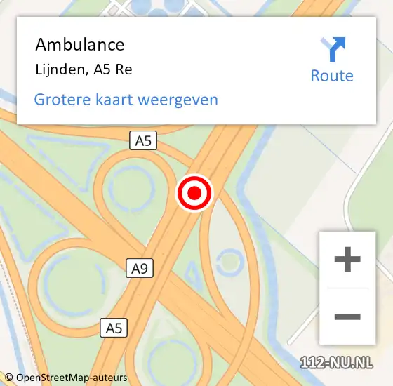 Locatie op kaart van de 112 melding: Ambulance Lijnden, A5 L hectometerpaal: 2,1 op 26 maart 2018 08:41