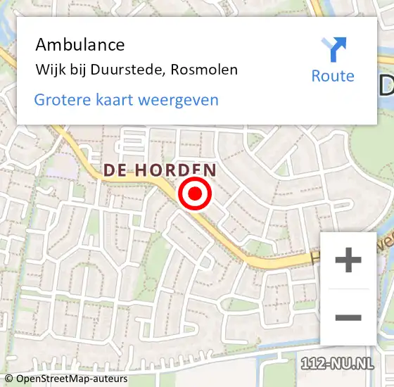 Locatie op kaart van de 112 melding: Ambulance Wijk bij Duurstede, Rosmolen op 27 maart 2018 12:07