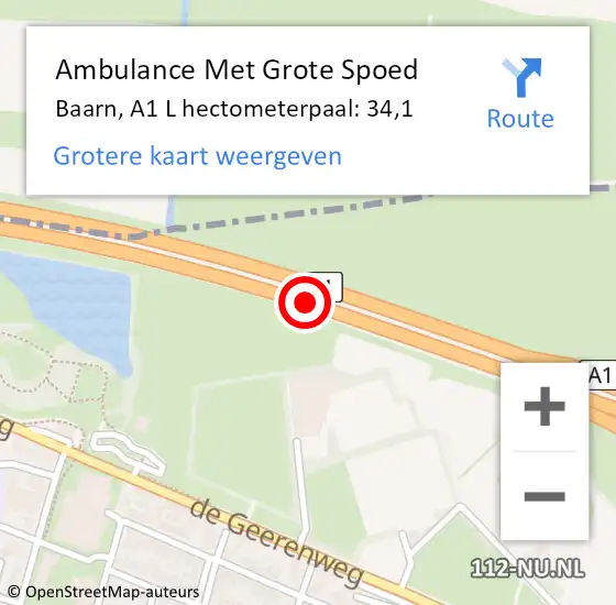 Locatie op kaart van de 112 melding: Ambulance Met Grote Spoed Naar Baarn, A1 R hectometerpaal: 35,4 op 29 maart 2018 17:30