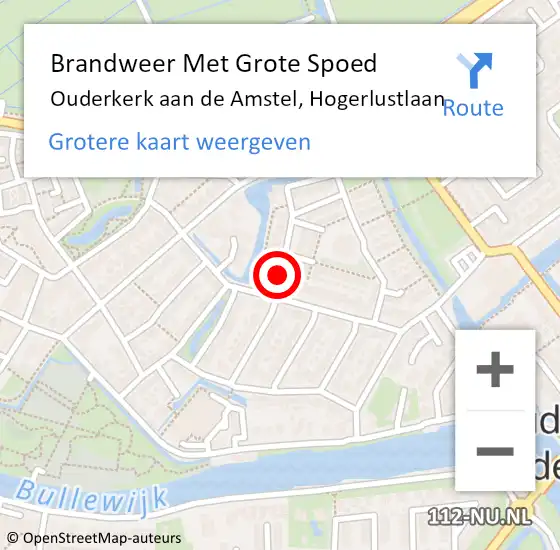 Locatie op kaart van de 112 melding: Brandweer Met Grote Spoed Naar Ouderkerk aan de Amstel, Hogerlustlaan op 29 maart 2018 22:23