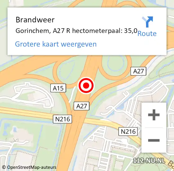 Locatie op kaart van de 112 melding: Brandweer Gorinchem, A27 R hectometerpaal: 35,0 op 30 maart 2018 09:46
