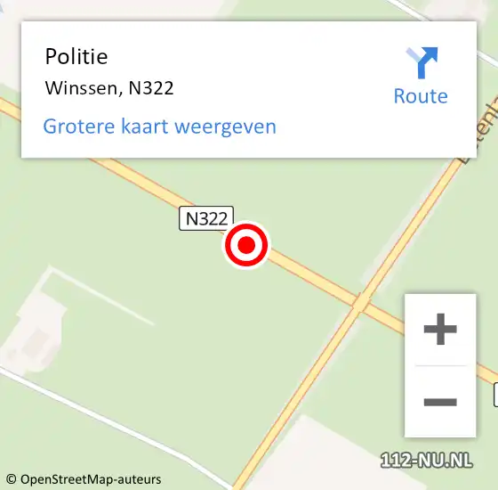 Locatie op kaart van de 112 melding: Politie Winssen, N322 op 30 maart 2018 19:10