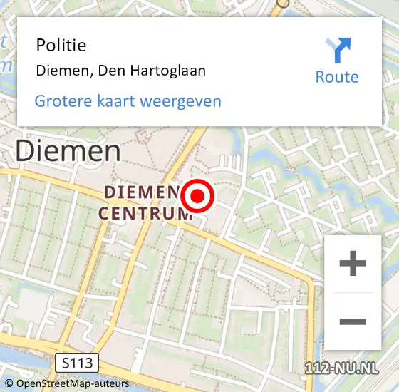 Locatie op kaart van de 112 melding: Politie Diemen, Den Hartoglaan op 31 maart 2018 19:25