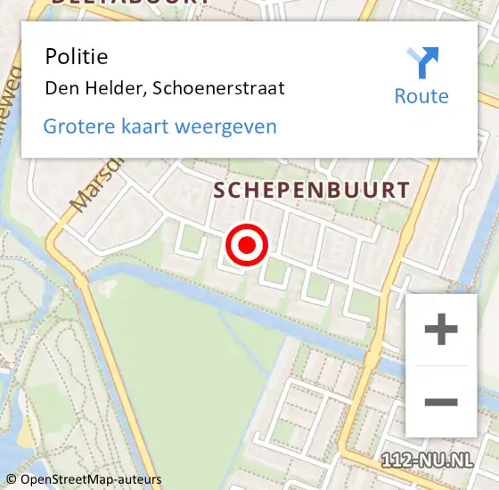 Locatie op kaart van de 112 melding: Politie Den Helder, Schoenerstraat op 2 april 2018 20:19