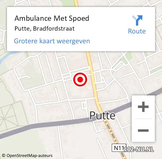 Locatie op kaart van de 112 melding: Ambulance Met Spoed Naar Putte, Bradfordstraat op 3 april 2018 20:39