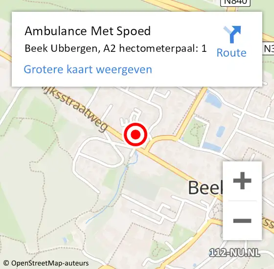 Locatie op kaart van de 112 melding: Ambulance Met Spoed Naar Beek Ubbergen, A2 hectometerpaal: 1 op 3 april 2018 21:00